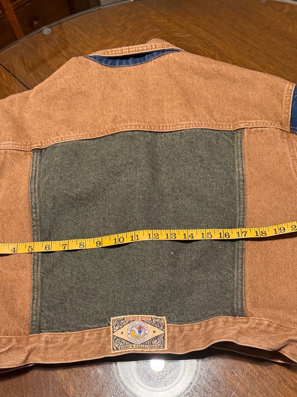 Vintage 1980’s Golden Star Colorblock Cropped Jean Jacket Brown, Olive & Indigo - Picture 5 of 11